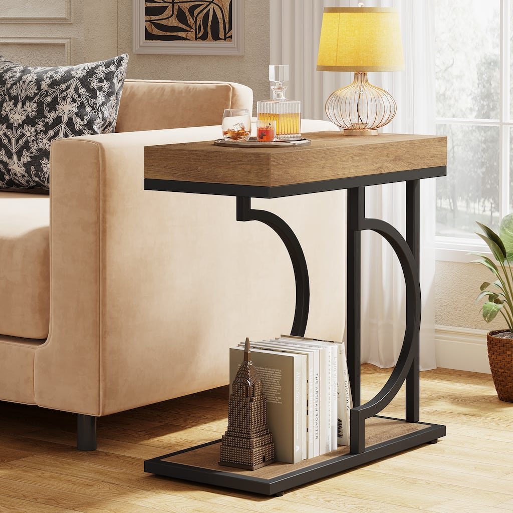 Narrow Side Table C Shaped End Table for Living Room