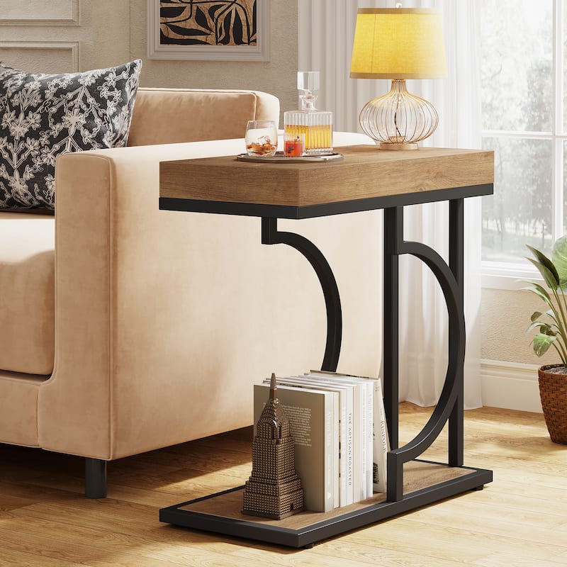 Narrow Side Table White Gold Side Table C Shaped End Table Modern Bedside Table Small Side Table for Couch Living Room - 1PCS - LightBrown+Black