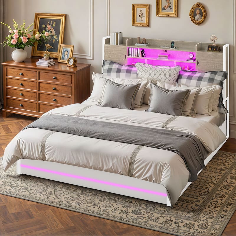 Queen/King Upholstered Bed Frame with RGB LED Lights & Storage Bookcase Headboard