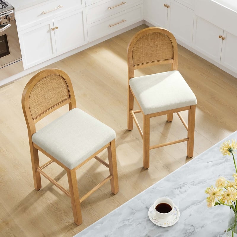 Spruce & Spring Esme Boho Upholstered Rattan Counter Bar Stool with Wood Frame