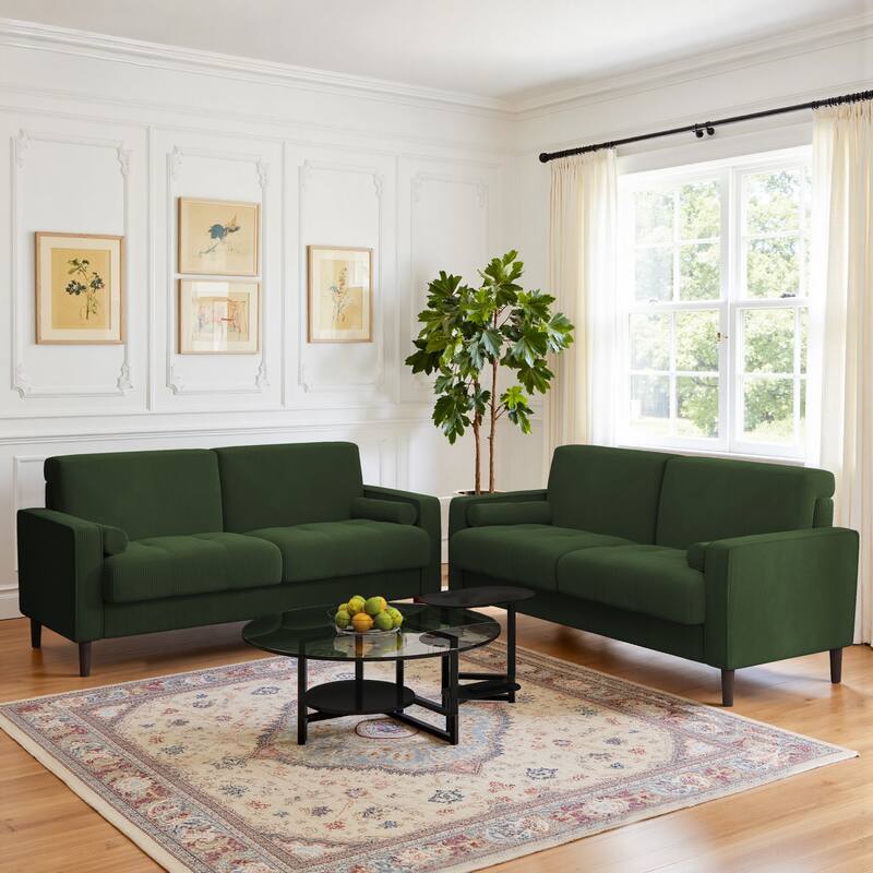 Modern Corduroy Upholstered Loveseat with Bolster Pillows and Wood Legs - Green/2 set