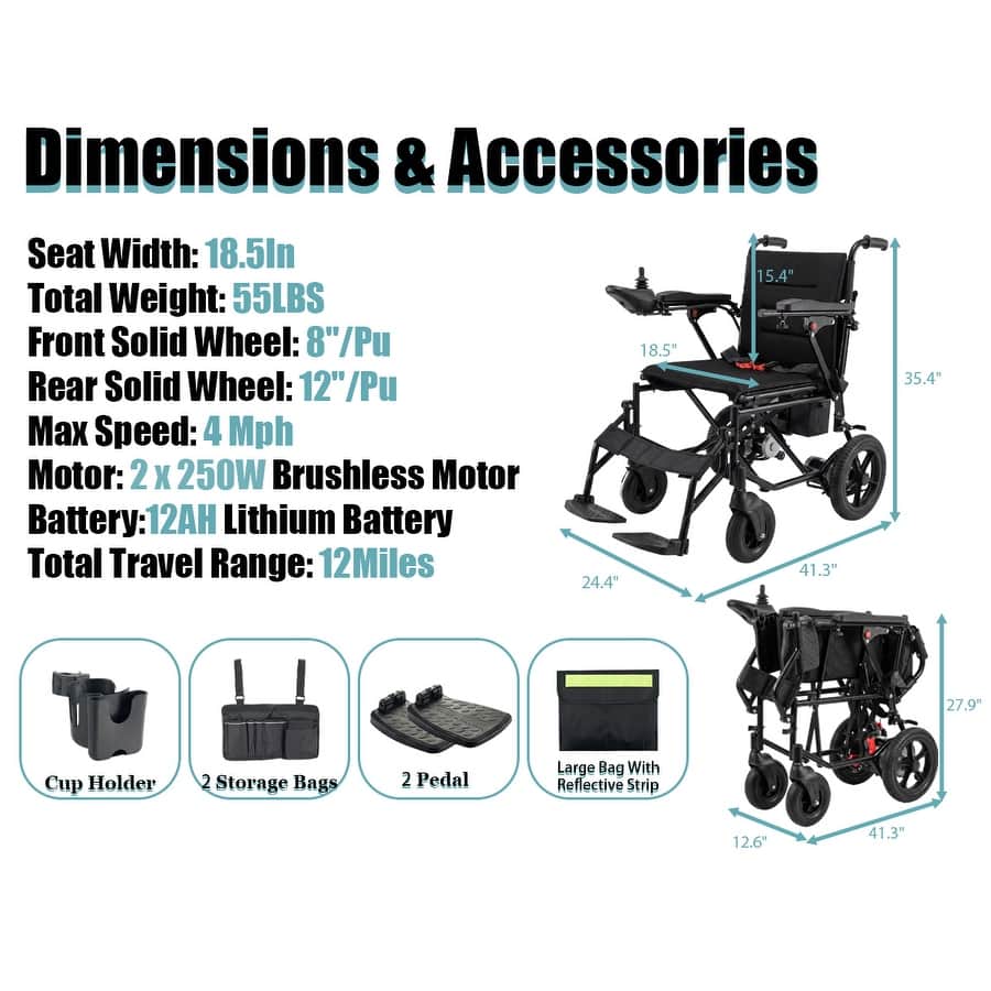 Lightweight Folding Electric Wheelchair, 55 lbs Portable Power Wheelchair for Adults with 18.5" Seat, Dual 250W Brushless Motors
