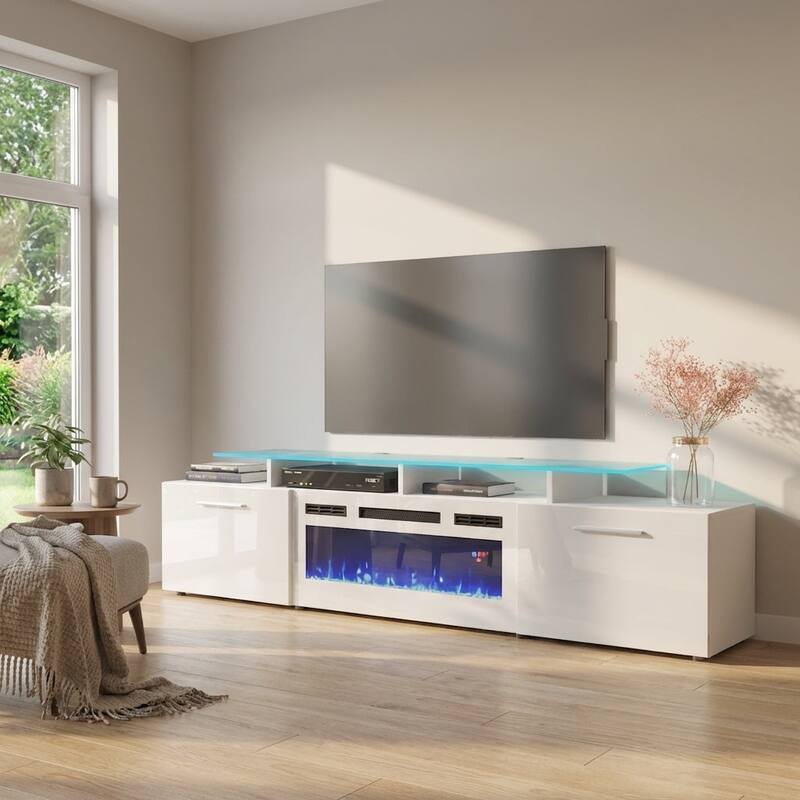 Meble Furniture Rova WH-EF Electric Fireplace 75" TV Stand and High Gloss Finish for up to 85" TVs