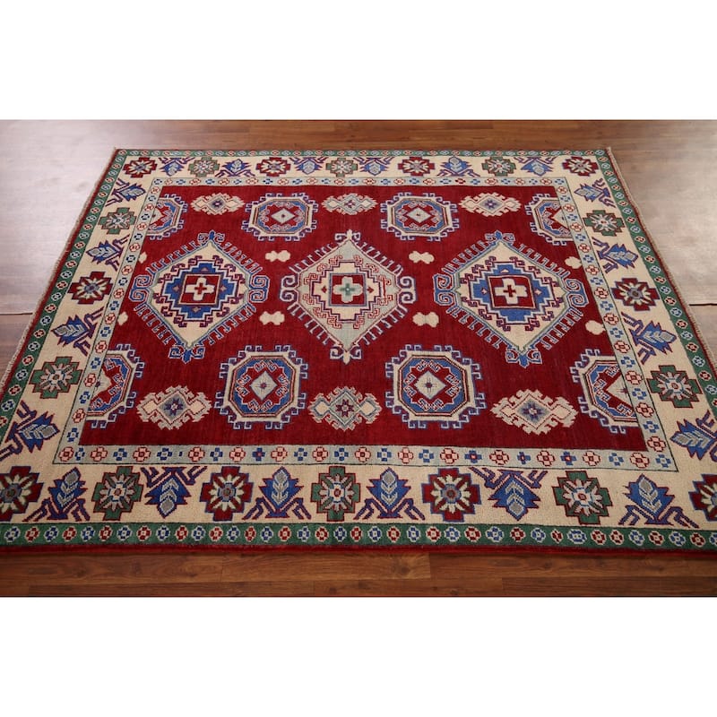 Red Geometric Kazak Rug Hand-Knotted Wool Carpet - 5'3" x 6'5"