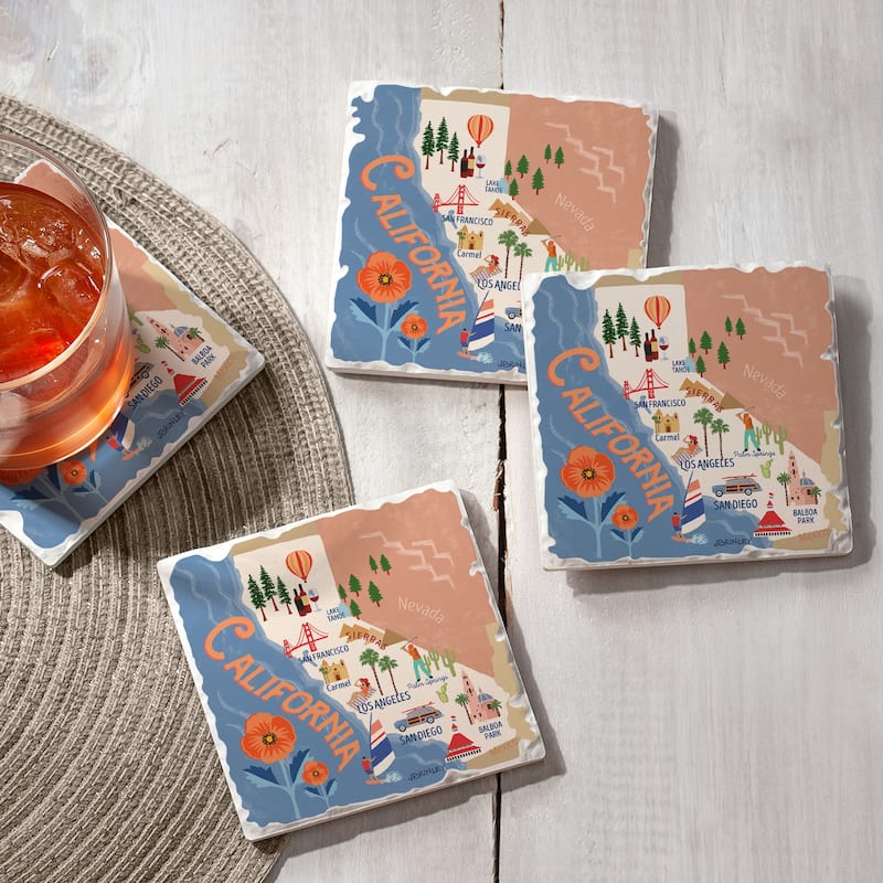 Absorbent Stone Beverage Coasters - Set of 4 - - State Attractions - CA - Multi-54