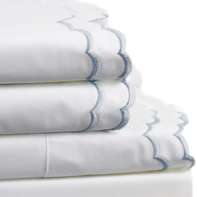 Percale Cotton Double Scalloped Embroidered Crisp Sheet Set - Queen - Blue