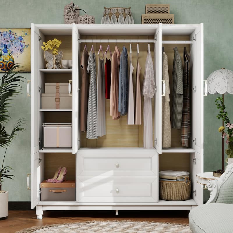 100% Solid Wood Armoire Wardrobe Closet with Drawers & Hanging Rods, Farmhouse Style Wardrobe Closet with 4 Doors, White Walnut