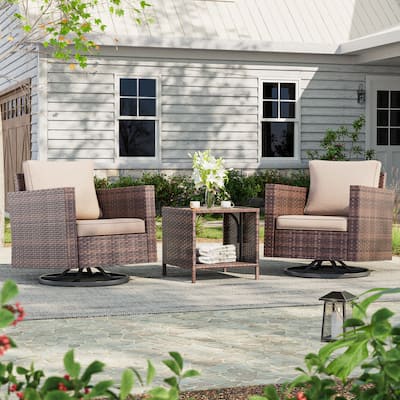 BONOSUKI 3Pcs Patio Swivel Rocking Sofa Set Brown Rattan w/Side Table