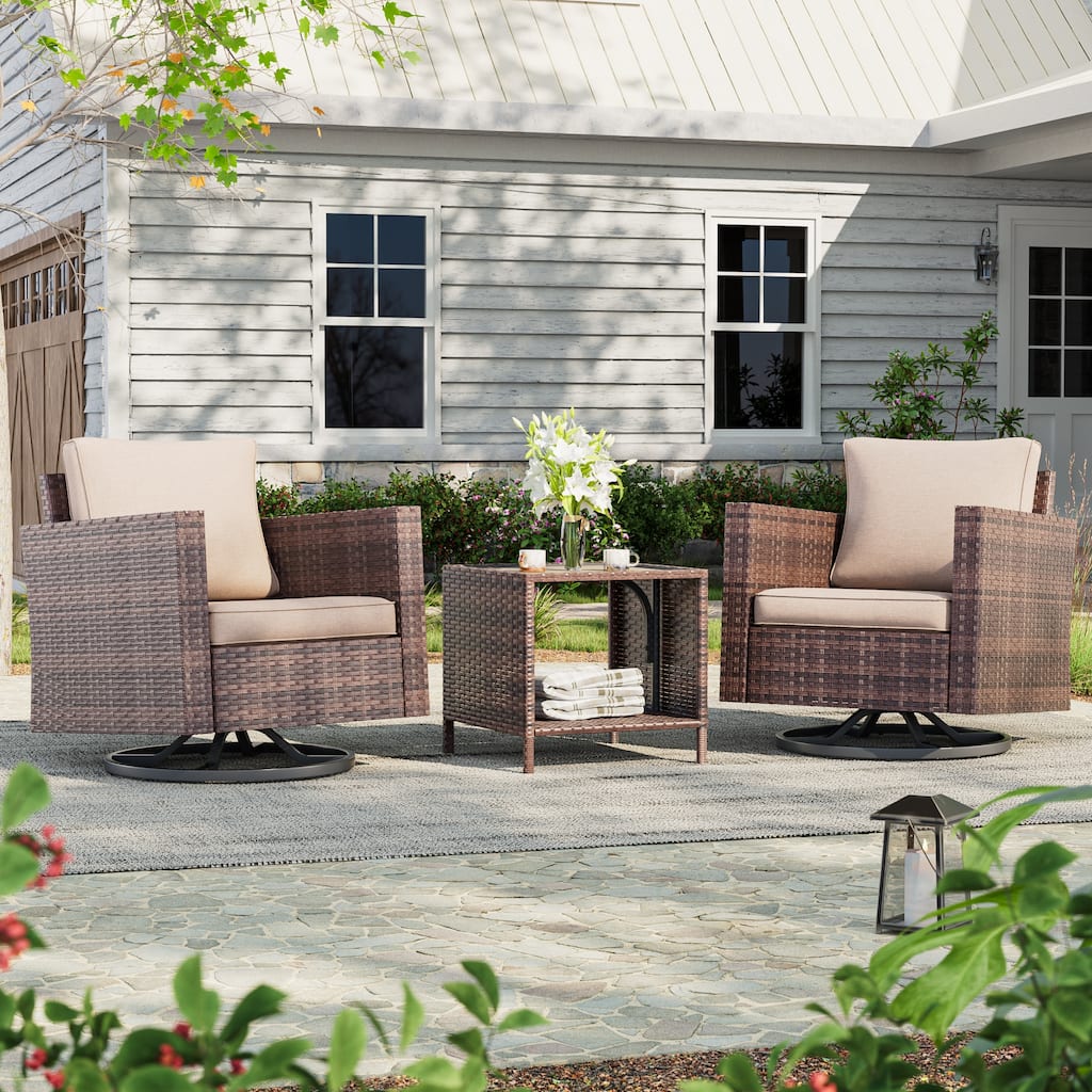 BONOSUKI 3Pcs Patio Swivel Rocking Sofa Set Brown Rattan w/Side Table