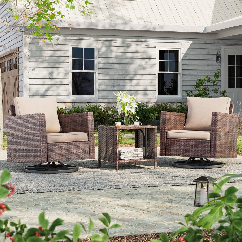 LIVOOSUN 3-Piece Patio Sofa Set Brown Rattan Swivel Rocking Chair Side Table