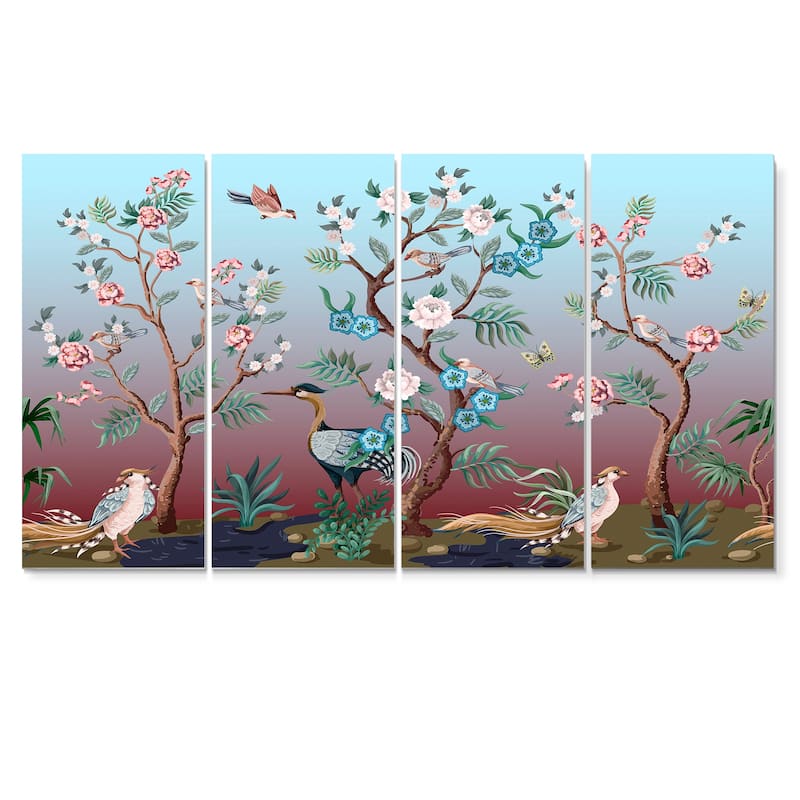 Designart "Chinoiserie With Birds and Peonies XI" Traditional Canvas Wall Art Print