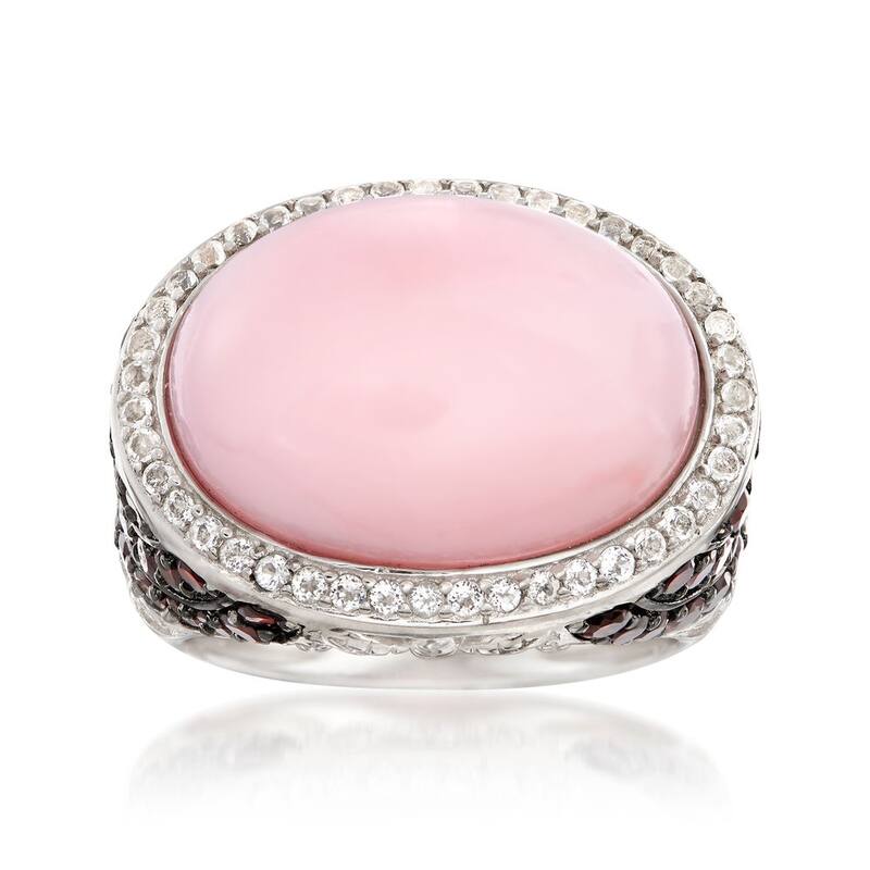 925 Sterling Silver Pink Opal, Red Garnet,White Topaz Ring