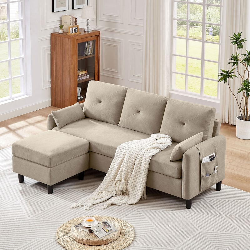 77.36" L Shaped Sectional Sofa with Side Storage Pocket and Reversible Ottoman