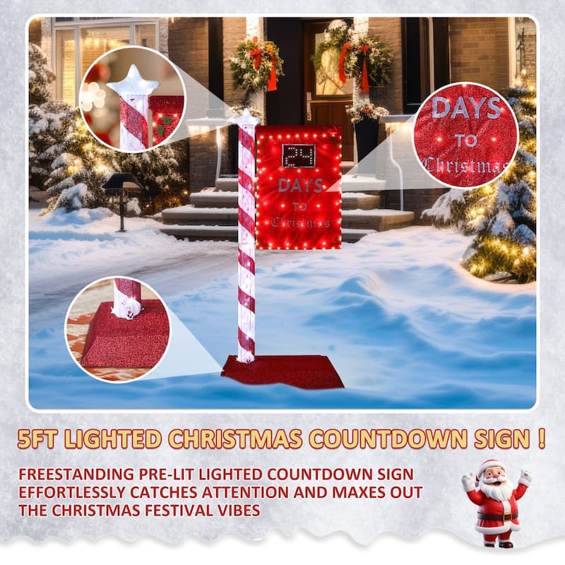 VEIKOUS 5FT Lighted Christmas Countdown Sign, Outdoor Countdown Board with Days Setting & Sturdy Steel Frame