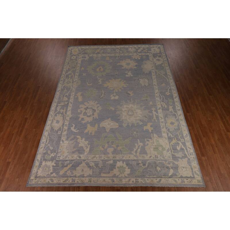 Blue Floral Oushak Turkish Large Rug Hand-Knotted Wool Carpet - 9'11"x 14'0"