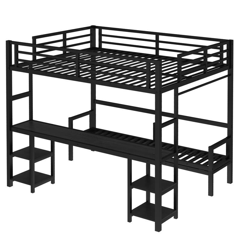 Roomfitters Queen Over Twin XL Metal Bunk Bed with Desk, Shelves, Foldable Sofa, LED Lighting & USB Ports, Black