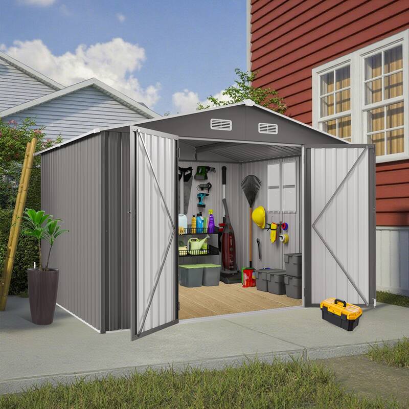 10 x 8 FT Outdoor Storage Shed, Large Metal Storage Shed, Lockable Door and Air Vent, Clear Window Garden Tool Shed