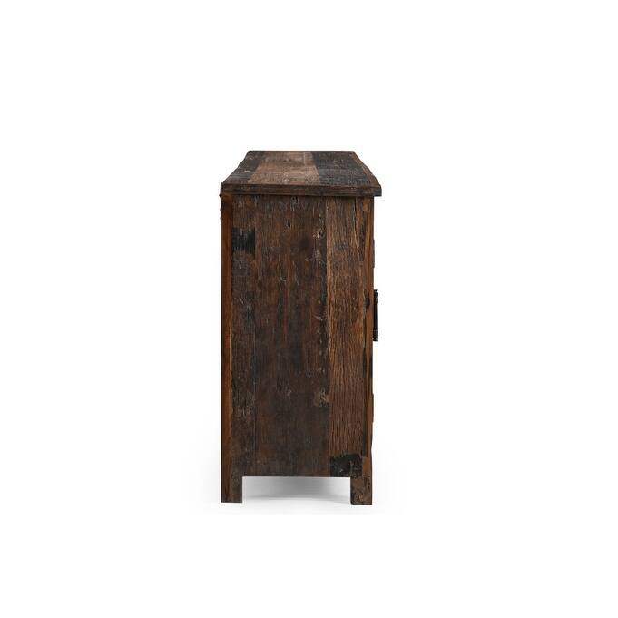 HomeRoots 84" Dark Brown Distressed Reclaimed Wood Paneled Sideboard with Six Doors - 84.00 in. x 33.00 in. x 16.00 in.