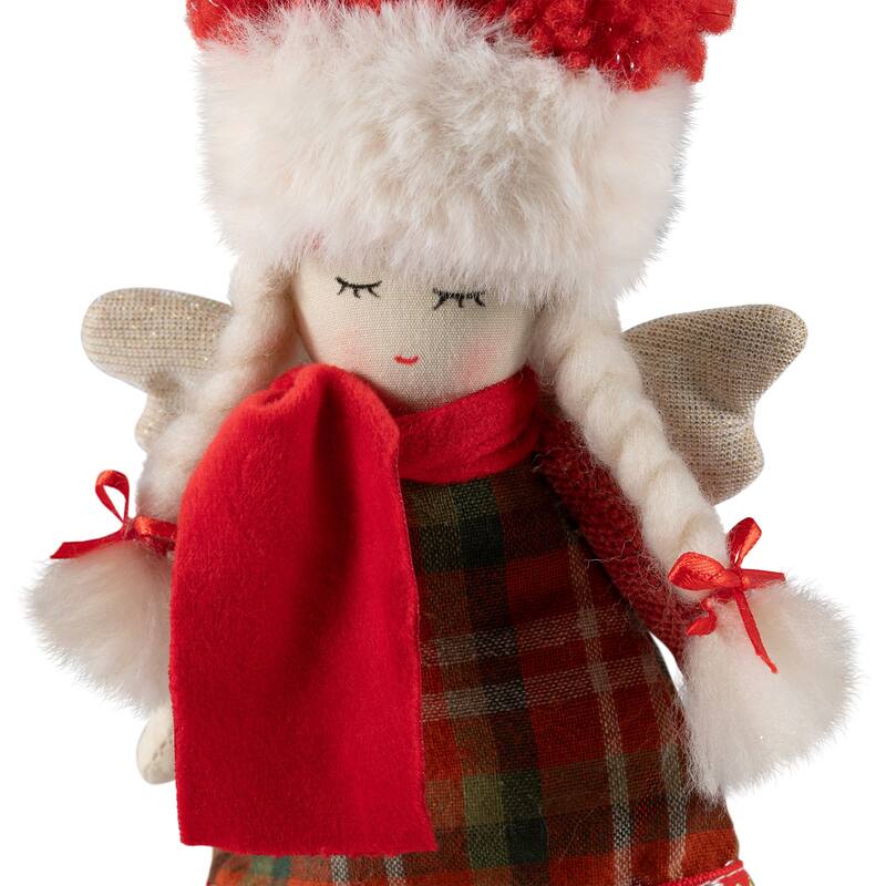 Plaid Angel Girl with Braided Pigtails Christmas Ornament - 8.5" - Red and Cream