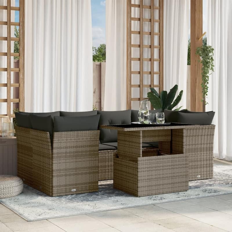 vidaXL Patio Sofa Set with Cushions Outdoor Furniture 7 Piece Poly Rattan - 21.7 x 39.4 x 28.7 in - Gray