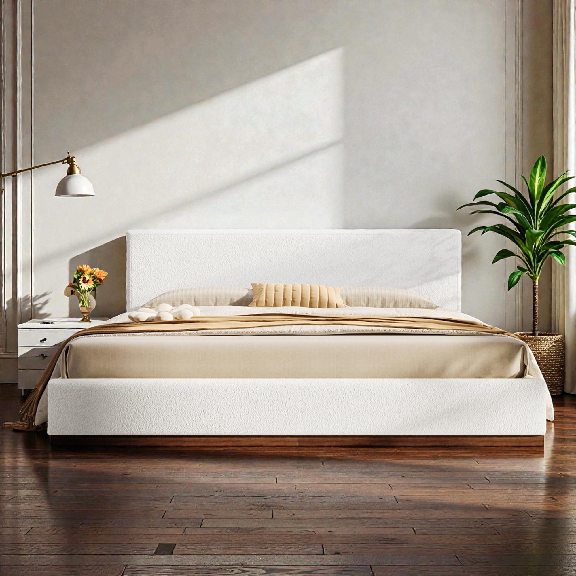 King Upholstered Bed Frame with Fabric Headboard, Solid Wood Base and Support Slats