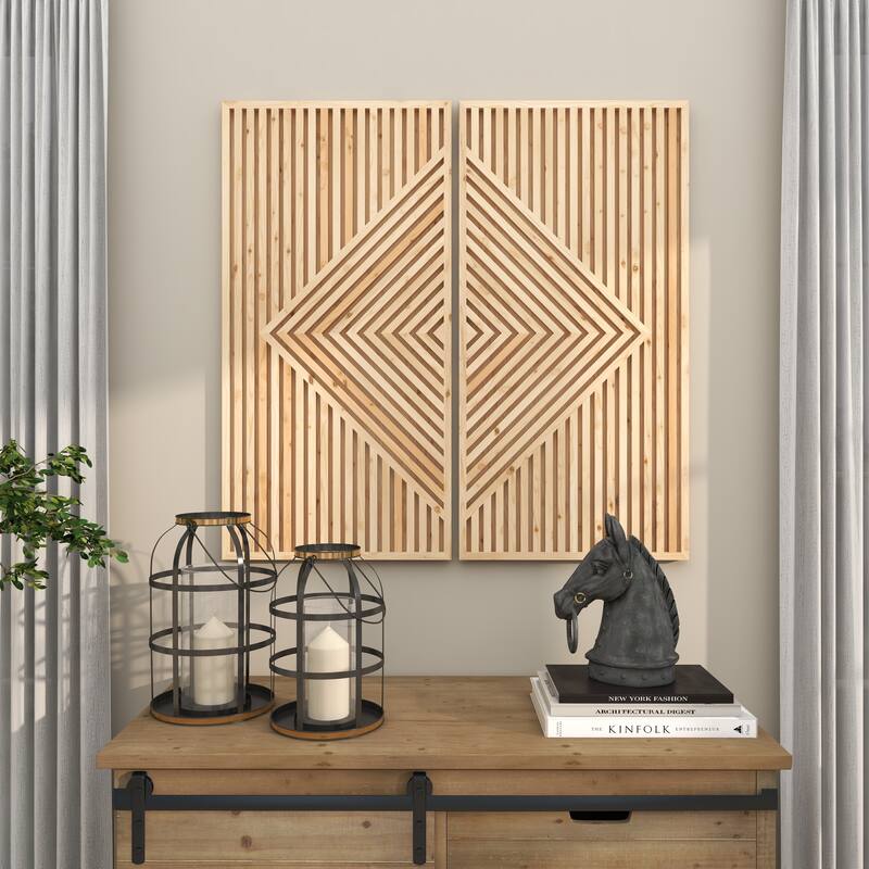 Brown Wood Carved Geometric Home Wall Decor (Set of 2)