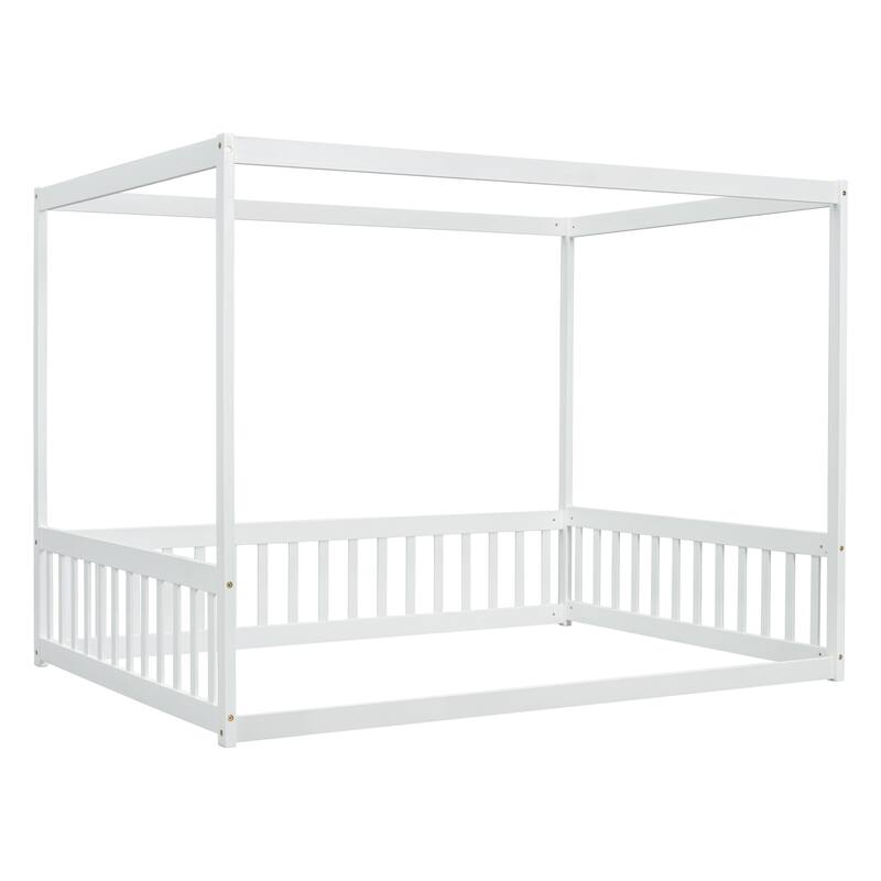 Pine Wood Canopy Frame Floor Bed with Fence and Guardrails for Bedroom