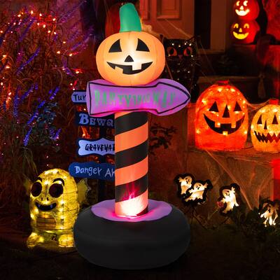 6 FT Halloween Inflatable Pumpkin Road Sign w/Rotating Flame Lamp