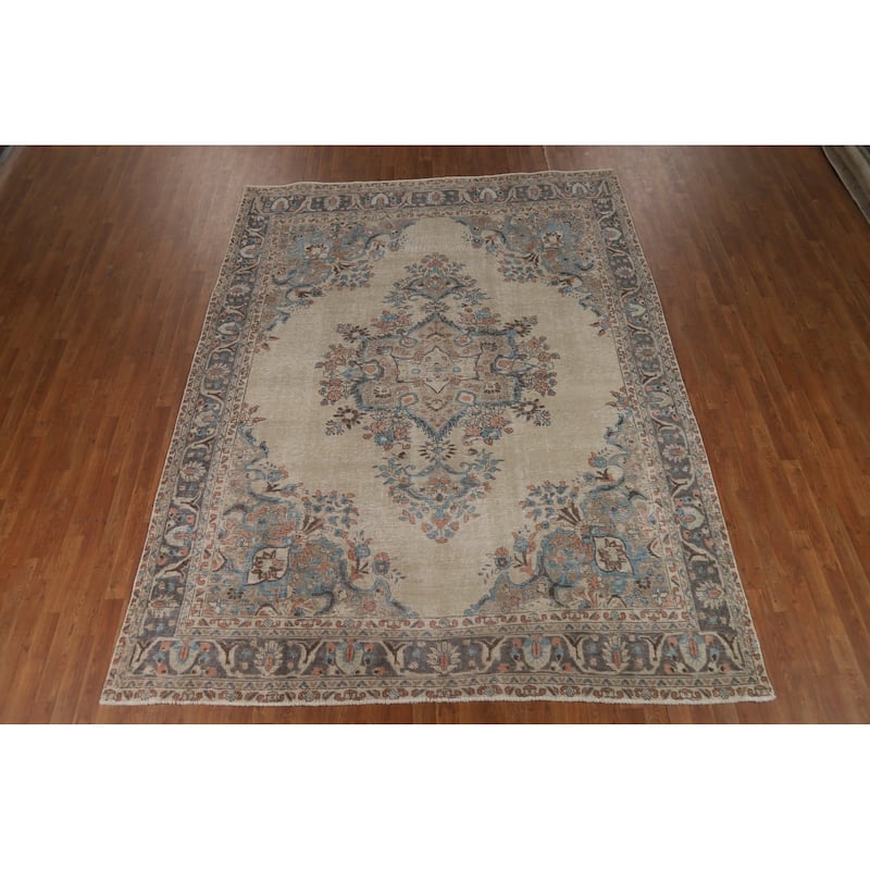 Floral Beige Tabriz Persian Area Rug Handmade Wool Carpet - 8'1"x 10'7"