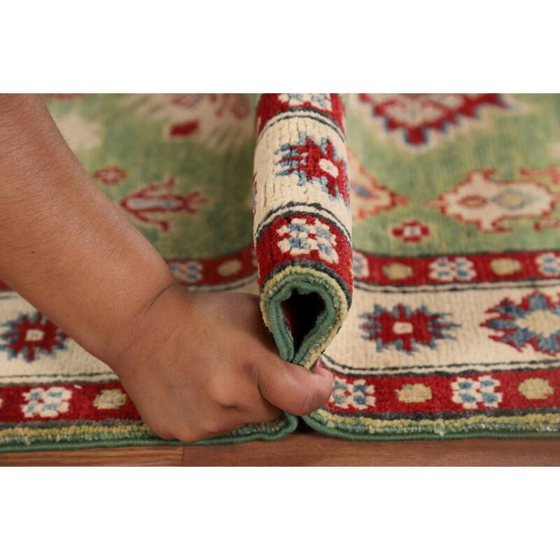 Light Green Geometric Kazak Foyer Rug Hand-Knotted Wool Carpet - 2'10" x 4'2"
