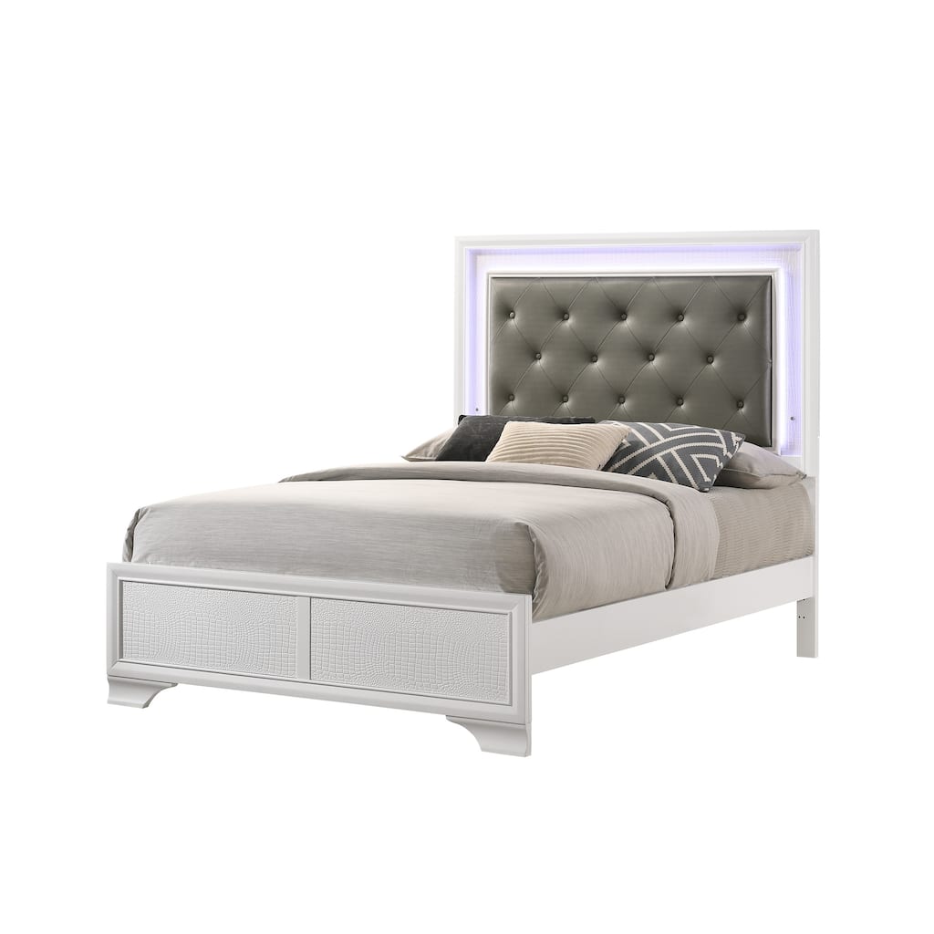 Full Size Crocodile-Finish Modern Platform Bed with LED Headboard and Diamond Tufting