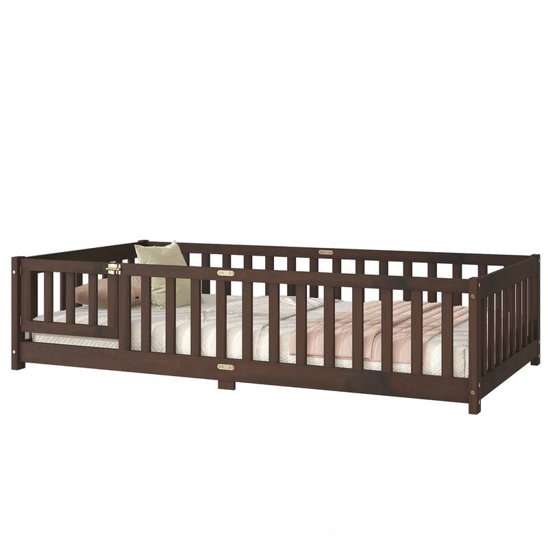 Twin Size Floor Bed with Fence and Door,Rubber Wood Floor Bed with Safety Guardrails