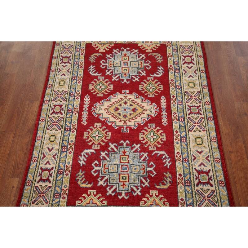 Red Geometric Kazak Foyer Rug Handmade Wool Carpet - 3'3" x 5'0"