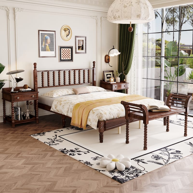 Retro Style Wooden Platform Bed Set