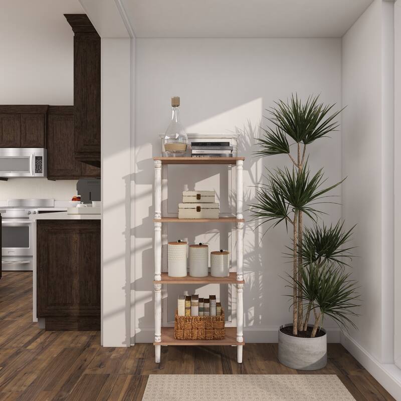 White Wood Intricately Carved 4 Shelves Floral Shelving Unit