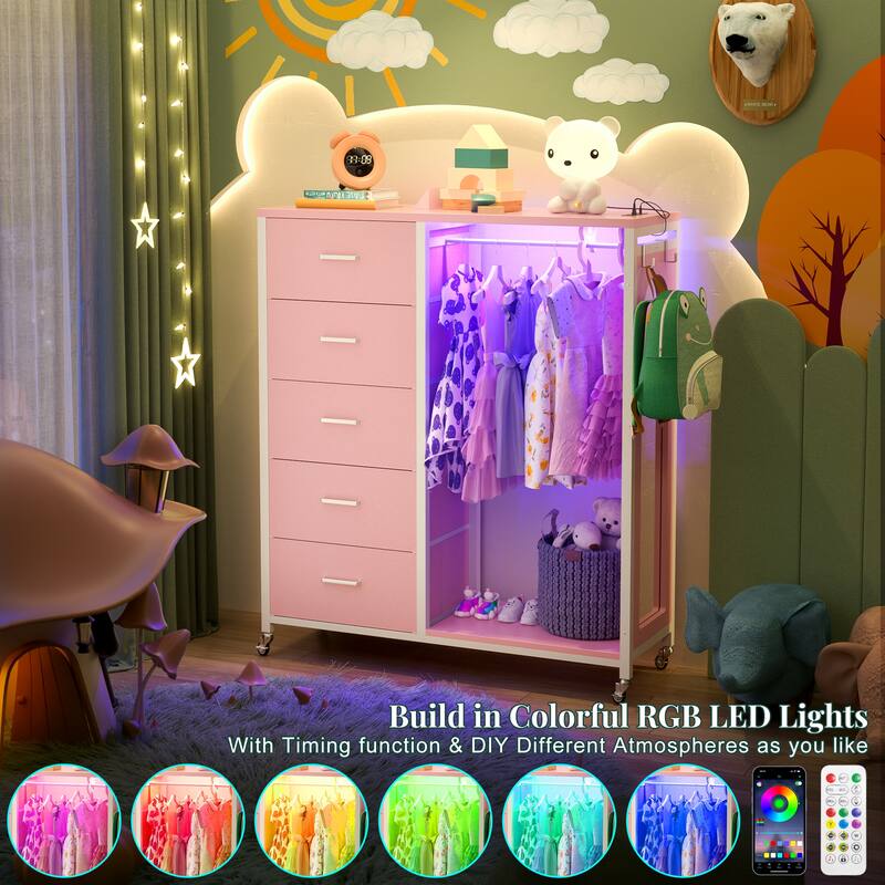 Kid's Closet Organizer with Fabric Drawers and Mirror, Rolling Dresser and Chest with Charge Station