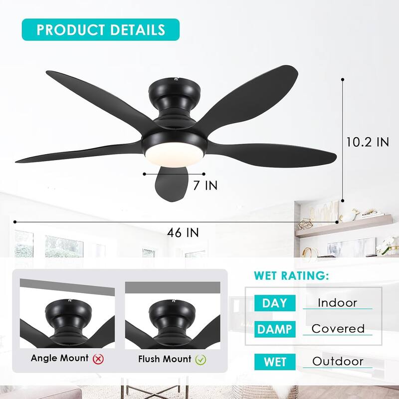 46" Modern Flush Mount Ceiling Fan with LED Light and Remote APP Control Reversible DC Motor for Living Room Bedroom - 46 Inches