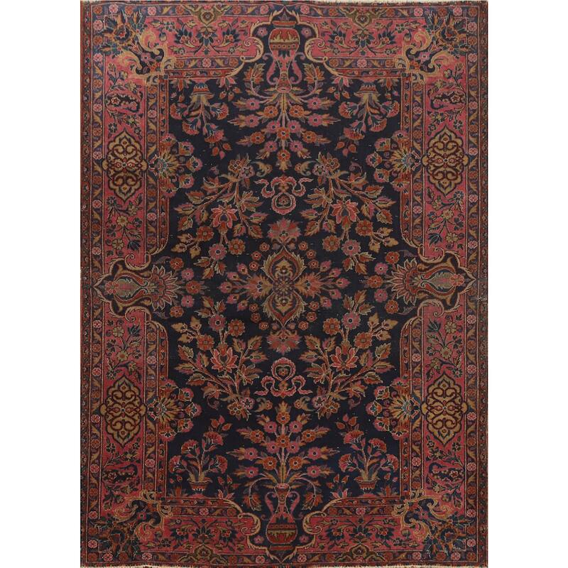 Hand Knotted Oriental 100% Wool Carpet Traditional Floral Navy Blue & Blues Kashan Area Rug - 4' 11'' X 3' 6''