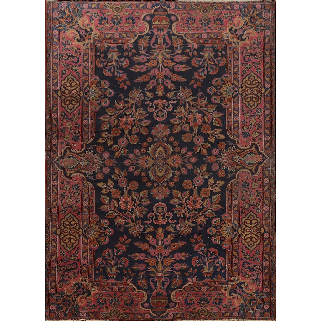Hand Knotted Oriental 100% Wool Carpet Traditional Floral Navy Blue & Blues Kashan Area Rug - 4' 11'' X 3' 6''