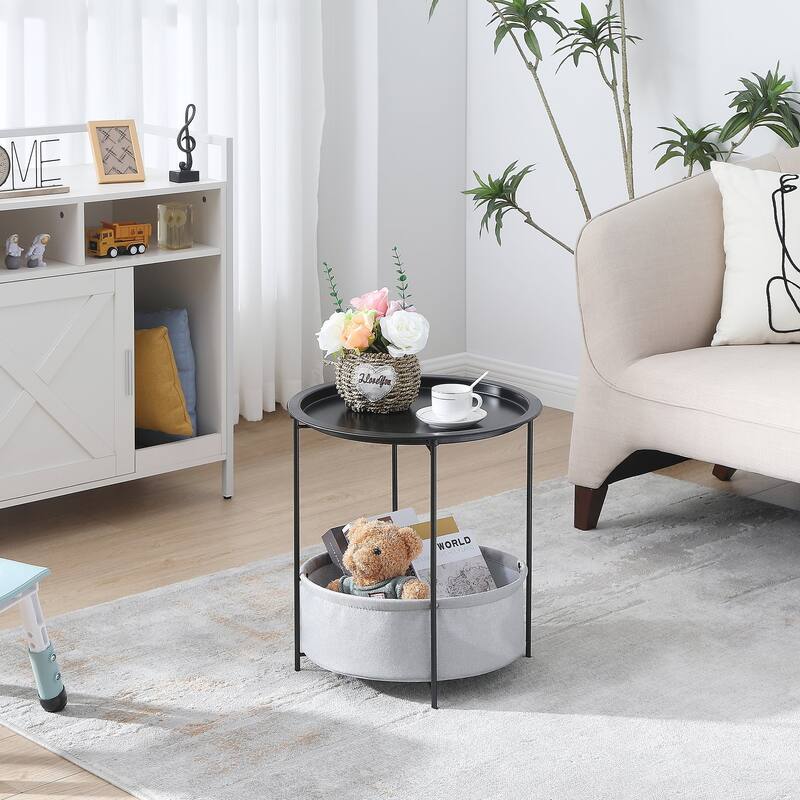 VECELO Small Round Side Table with Removable Tray & Fabric Storage Bin Easy 5-Min Assembly for Living Room Bedroom