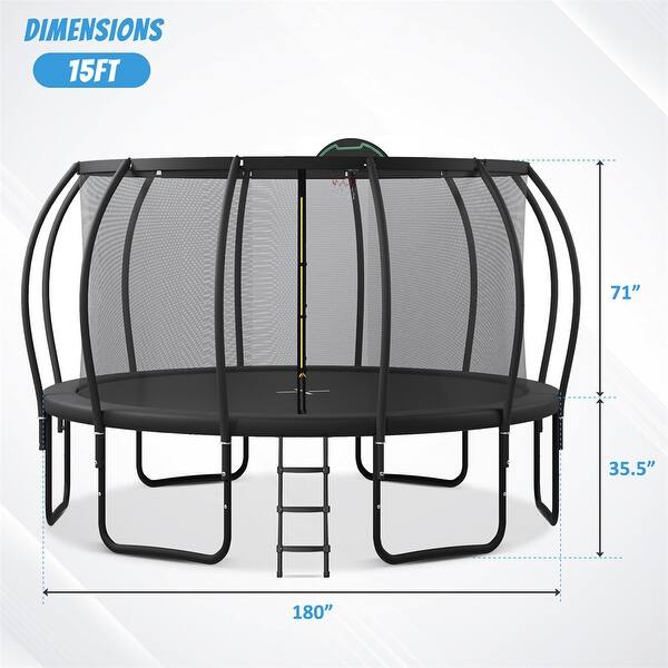 dimension image slide 2 of 4, 12/14/15/16FT Outdoor Kids Trampoline with Enclosure, Basketball Board