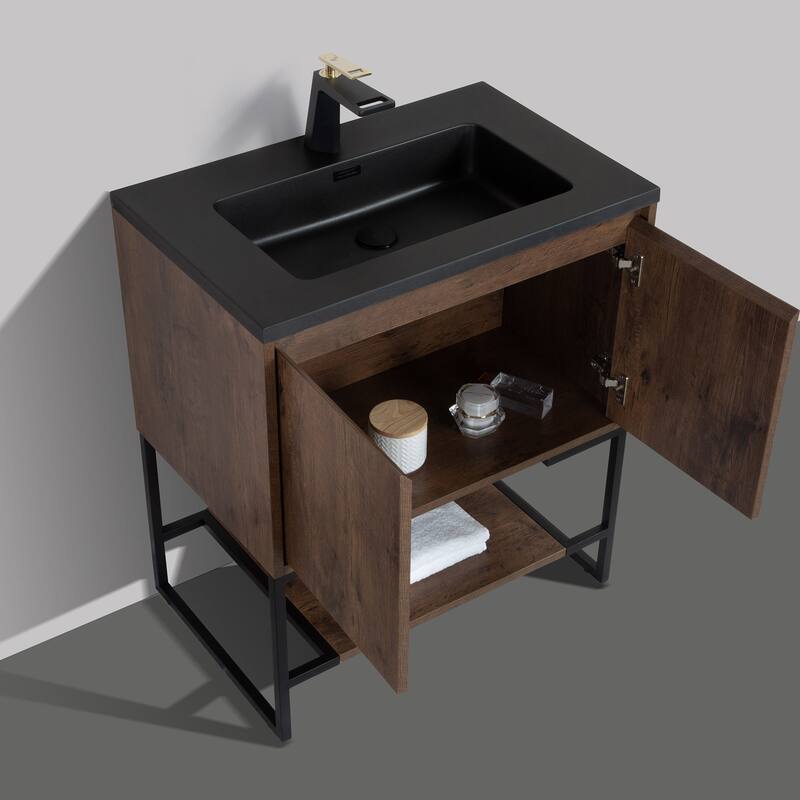 Freestanding Bathroom Vanity Set in Rose Wood with Integrated Solid Surface Sink