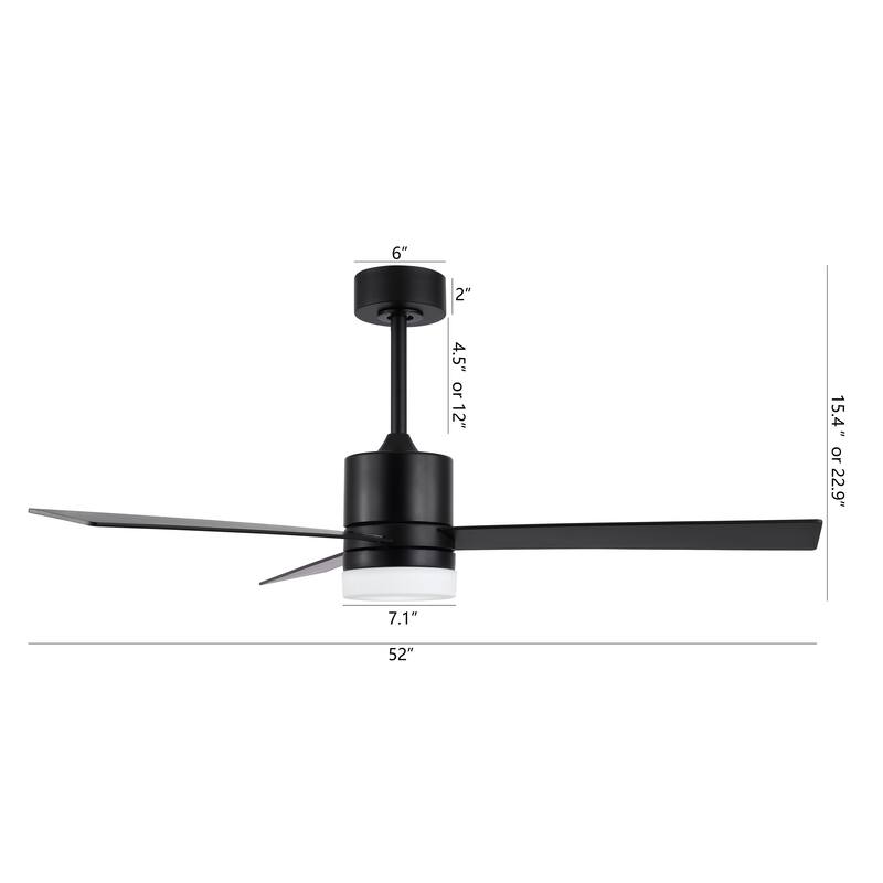 GetLedel 52" Modern 3-Blade Black Ceiling Fan with LED Light and Remote Control