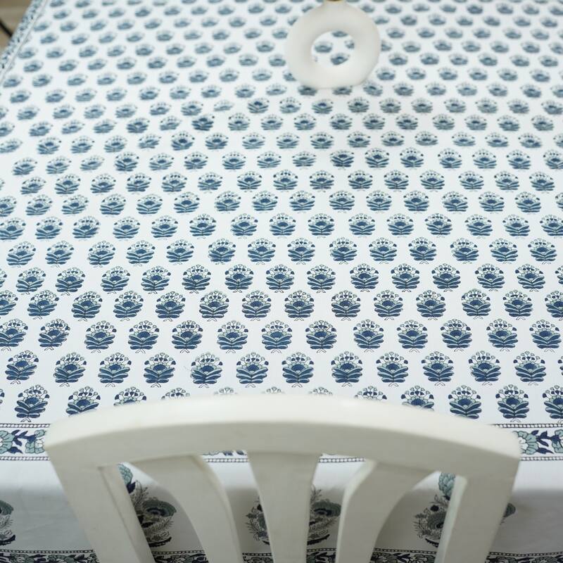 Fabdivine Handmade Block Print Cotton Table Cover Farmhouse Dining Kitchen Decor Gift - 72"X120" - Bheeshma- Blue, Grey, White