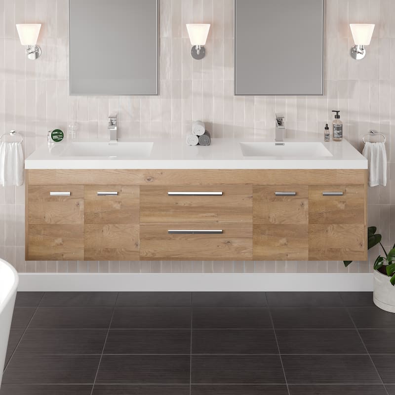 Lugano 72"W Wall Mount Bath Vanity with Acrylic Top & Integrated Sinks