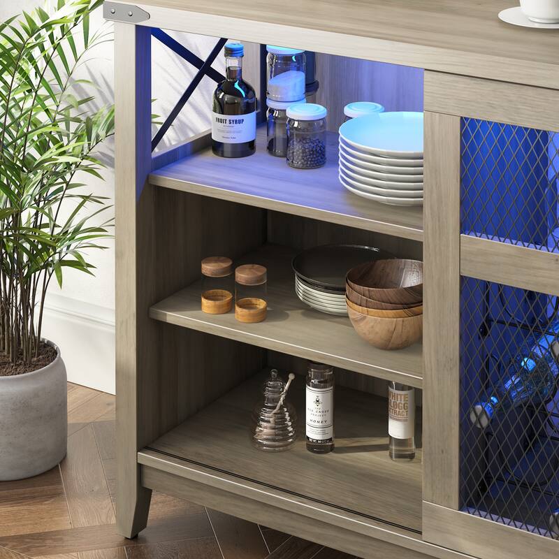 Wine Bar Cabinet with Storage Sliding Door & LED Lights - 42 inch