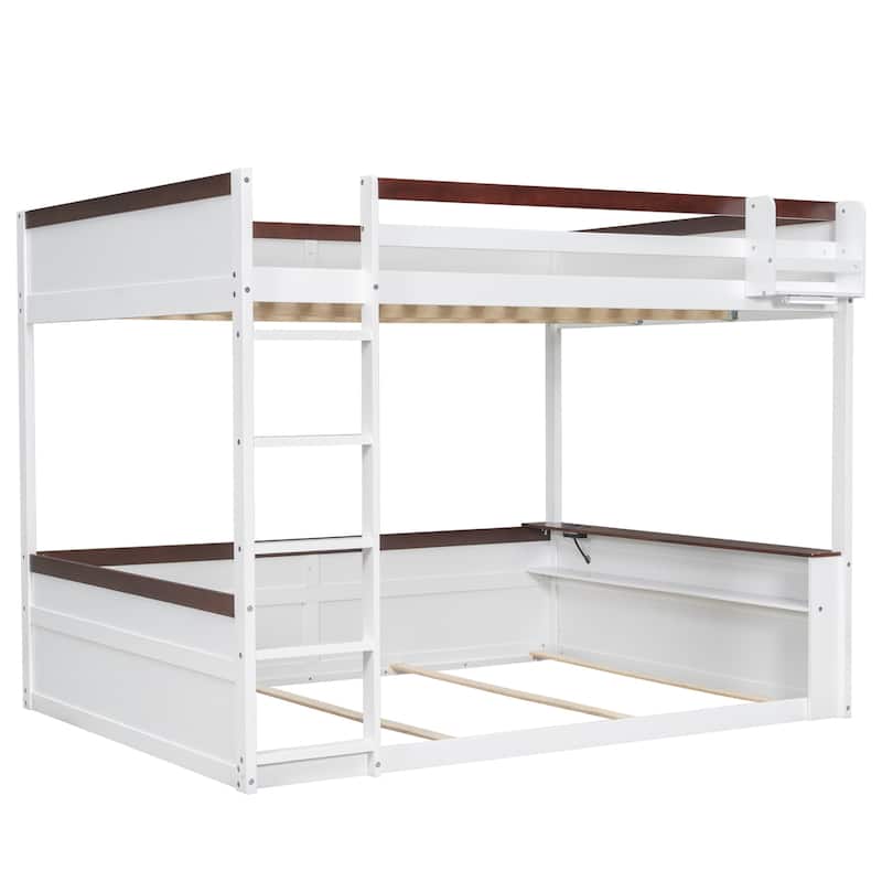 Queen Size Wooden Bunk Bed with Shelves, Storage Box, LED Light, and USB Charging Station
