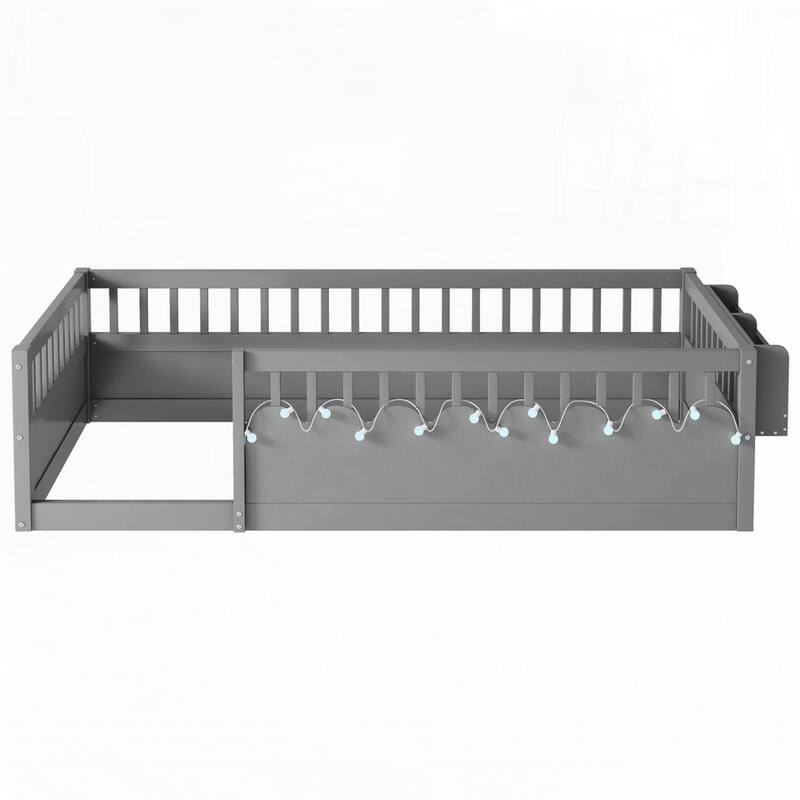 Montessori Floor Bed Frame with with Light and Storage Shelf
