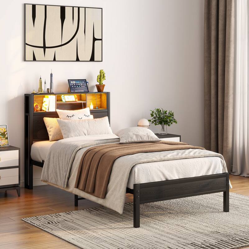 Metal Platform Bed with Storage Headboard and LED Light