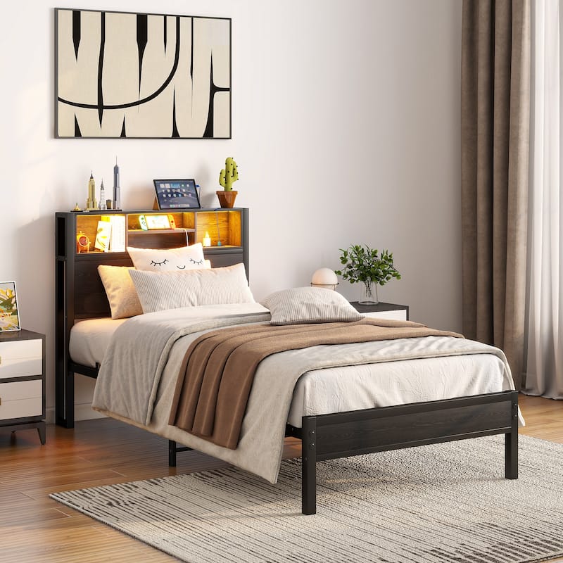 Twin Size Metal Platform Bed with Storage Headboard and Charger - Black Brown - Twin